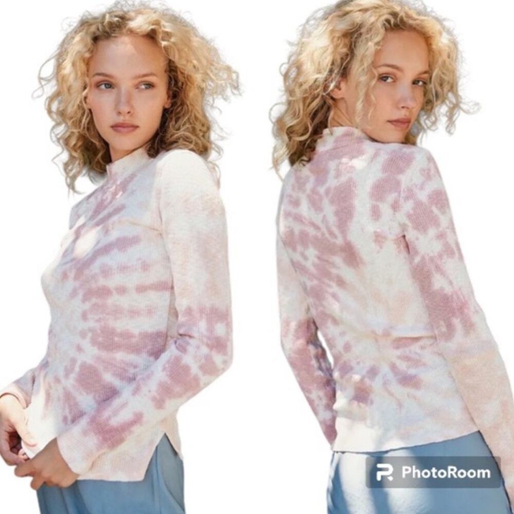 Free People Long Sleeve Tie-Dye Thermal Top in Light Pink and Cream